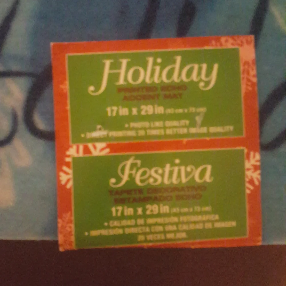 Happy Holiday blue and white Accent mat 17 in x 29 in new w tags.
